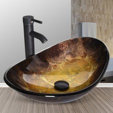 Bathroom Vessel Oval Sink Tempered Glass Basin Faucet Drain Combo Hand-painted