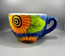 Hand Painted Ceramic Sunflower Mug Cup Shaped Planter Pot Cachepot 9.75" x 6.5"