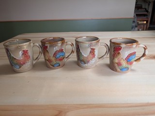 Set of 4 OTAGIRI Vintage Cups Mugs Colorful Roosters Brown 8 OZ