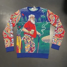 John Daly Christmas Sweater Mens Medium Blue Red Sip It Rip It Ugly Sweater