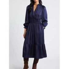 Eliza J Size 12 Navy Blue Long Sleeve Satin Midi Dress Formal Party Neutral