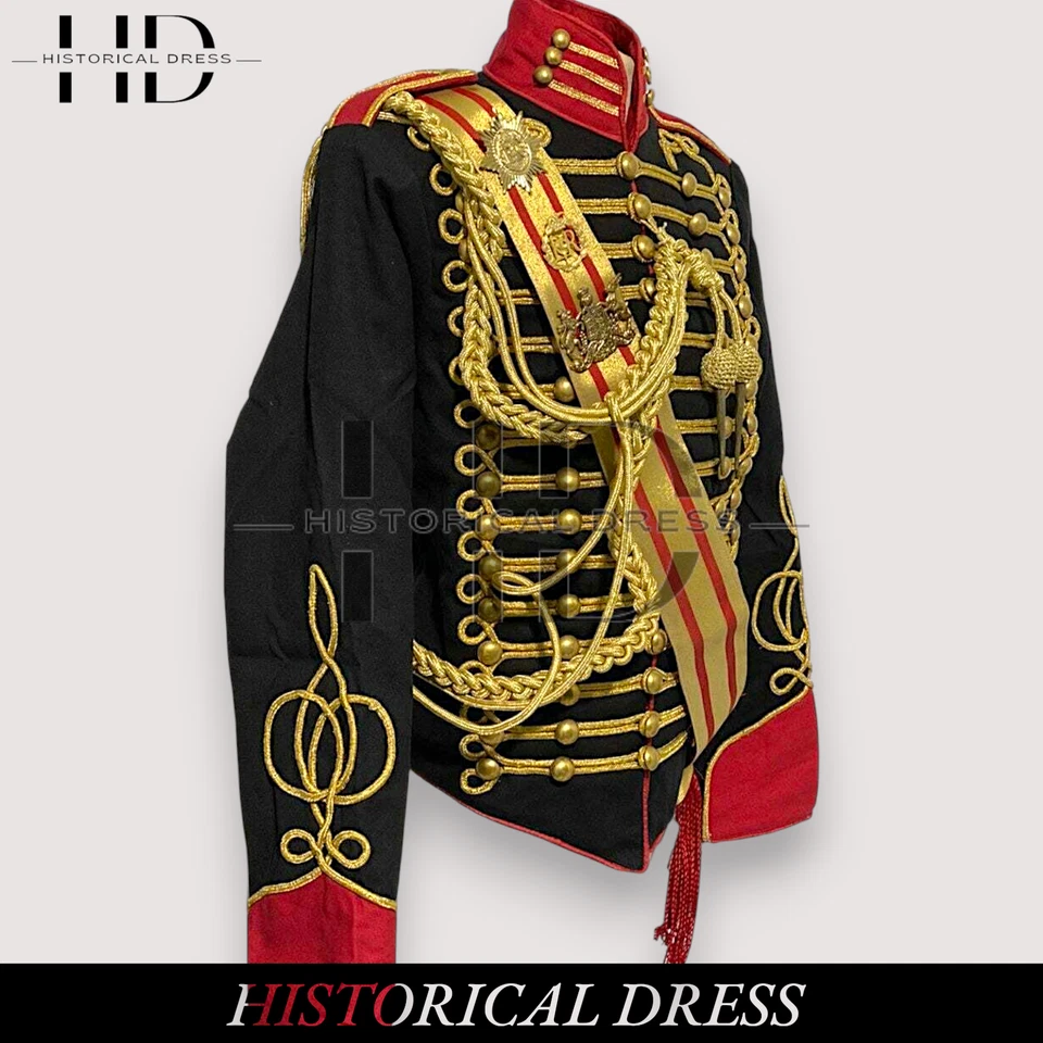 Nuevo Abrigo Hombre Trenzado Dorado Húsar Oficiales Negro Rojo, sin medallas militares Foto 2 de 4