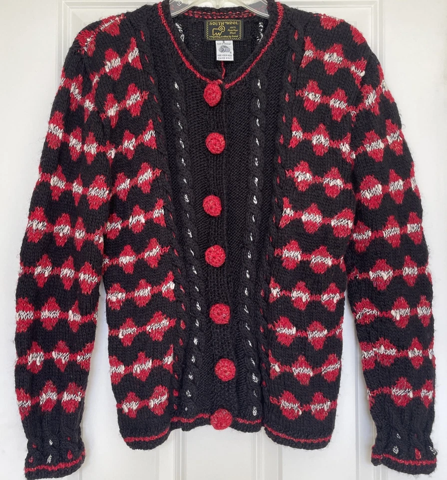 Cárdigan De Colección South Wool Tejido a Mano Colorido Lana Abotonada Talla S Geo Estampado Foto 2 de 4