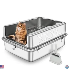 XXXL Extra Large Stainless Steel Semi-Enclosed Cat Litter Box, Removable Tray