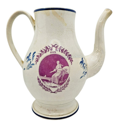 Antique  Liverpool Staffordshire Creamware Transferware Faith Hope Coffee Pot