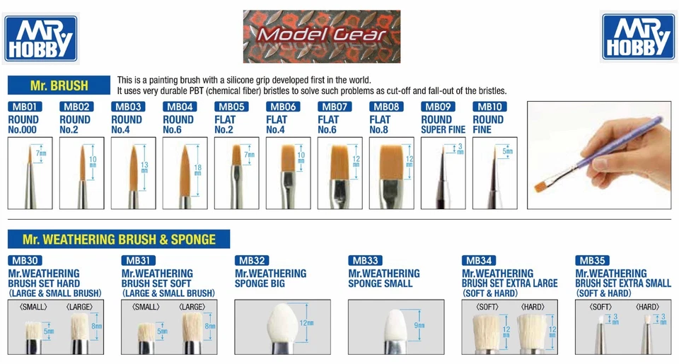 MR.HOBBY Mr Hobby Mr Brush with Silicone Handle and Mr Weathering Brush - Whole Range