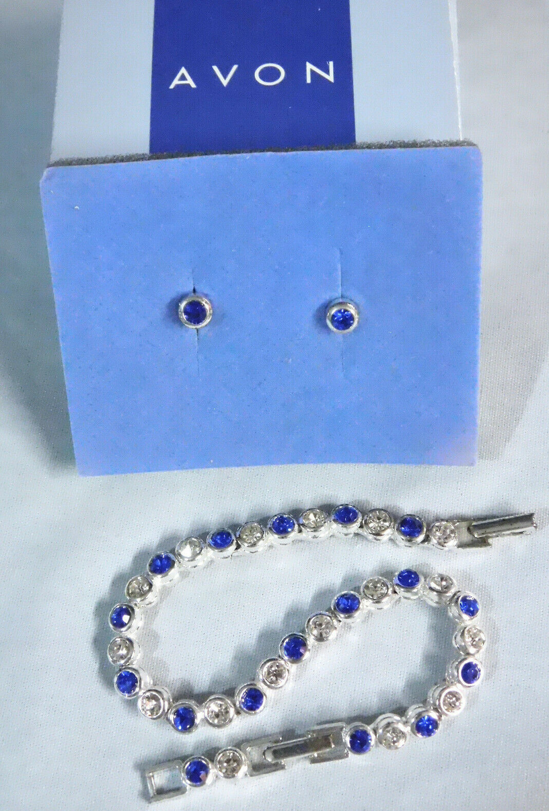 Avon Sparkling Crystal Tennis Bracelet & Earrings Blue & Clear
