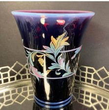 Fenton Plum Opalescent Vase Floral Signed Numbered Hand Painted Glass