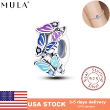 MULA 925 Sterling Silver Charm AAA CZ Blue Enamel Butterfly Clip fit Bracelet