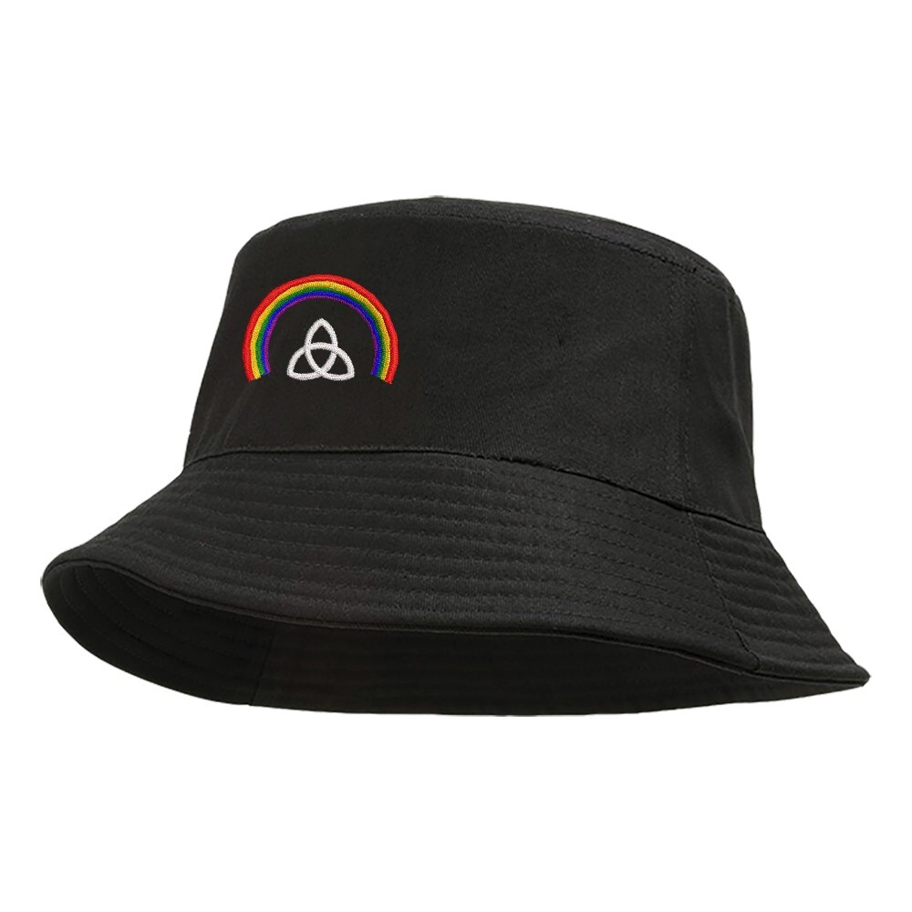 Rainbow with trinity symbol embroidered black cotton bucket  display picture 1