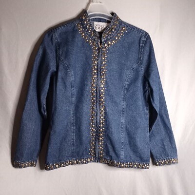 Keren Hart Denim Jacket Womens XL Gold Studded Long Sleeve Zip Coastal Grandma