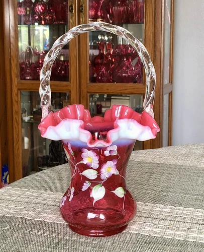 Fenton Art Glass - Cranberry Opalescent  - 11" Basket - Don Fenton - Painted