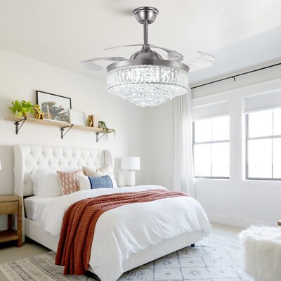 42'' Crystal LED Chandelier Invisible Ceiling Fan Light Ceiling Lamp w/ Remote