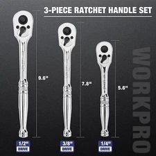 WORKPRO 3PCS Ratchet Set 1/4" 3/8" 1/2" Dr Ratchet Handle Quick Release 72-Tooth