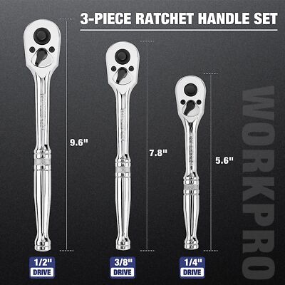 WORKPRO 3PCS Ratchet Set 1/4'' 3/8'' 1/2'' Dr Ratchet Handle Quick Release 72-Tooth