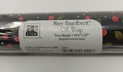 1996 Mary Engelbreit Gift Wrap Wrapping Paper Roll Black with Cherries 2 Rolls