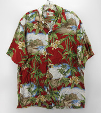 VINTAGE Hilo Hattie Shirt Men Large Red Hawaiian Button Up Floral Camp Aloha 90s