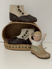 Antique Child Leather Victorian Edwardian High Button Boots w/Bisque Baby Shoe