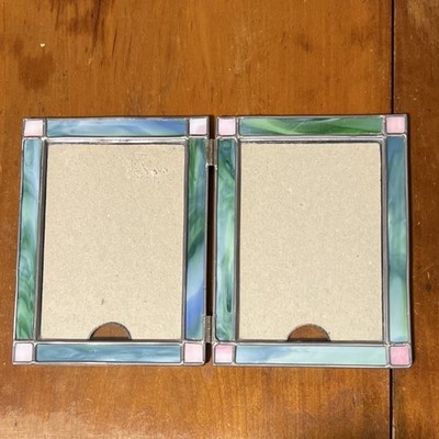FETCO Stained Glass Double Hinged Photo Frame Blue Green Pink 3x5 in