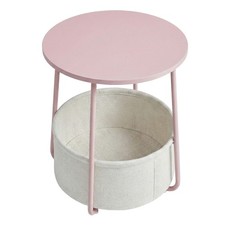 Side Table, Round End Table with Fabric Basket,White