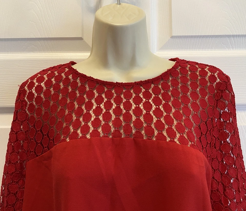 KENSIE Mujer BLUSA ROJA Encaje Collar y Mangas Talla M Foto 2 de 4