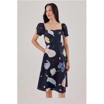 Love Bonito Navy Abstract Floral Square Neck Puff Sleeve Dress