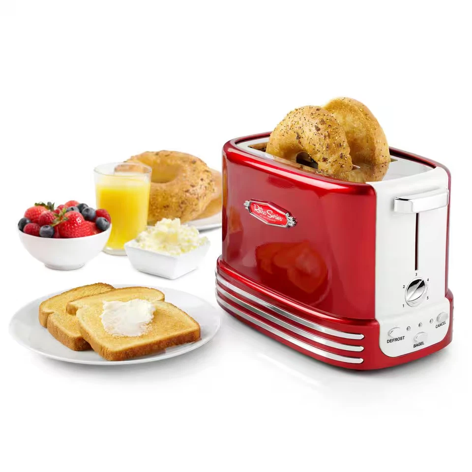 Retro Toaster 2 Slice Wide Slot Red 900W Bagel Defrost Cancel Crumb Tray - Image 3 of 4