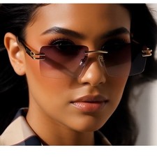 Frameless Square Gradient Sunglasses Gold Trim Women's Fashion Eyewear Luxury