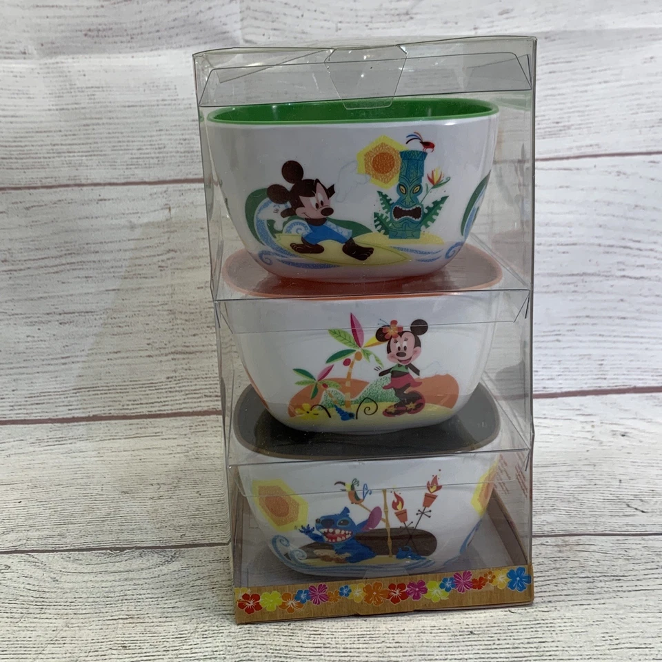 RARO! Disney Store Tiki Kingdom Bowl Set De 3 con Mickey Minnie Stitch Foto 4 de 4