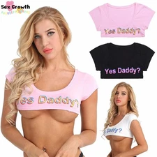 Women Yes Daddy Letter Printed Cami T-Shirts Naughty Short Sleeve Crop Tank Tops
