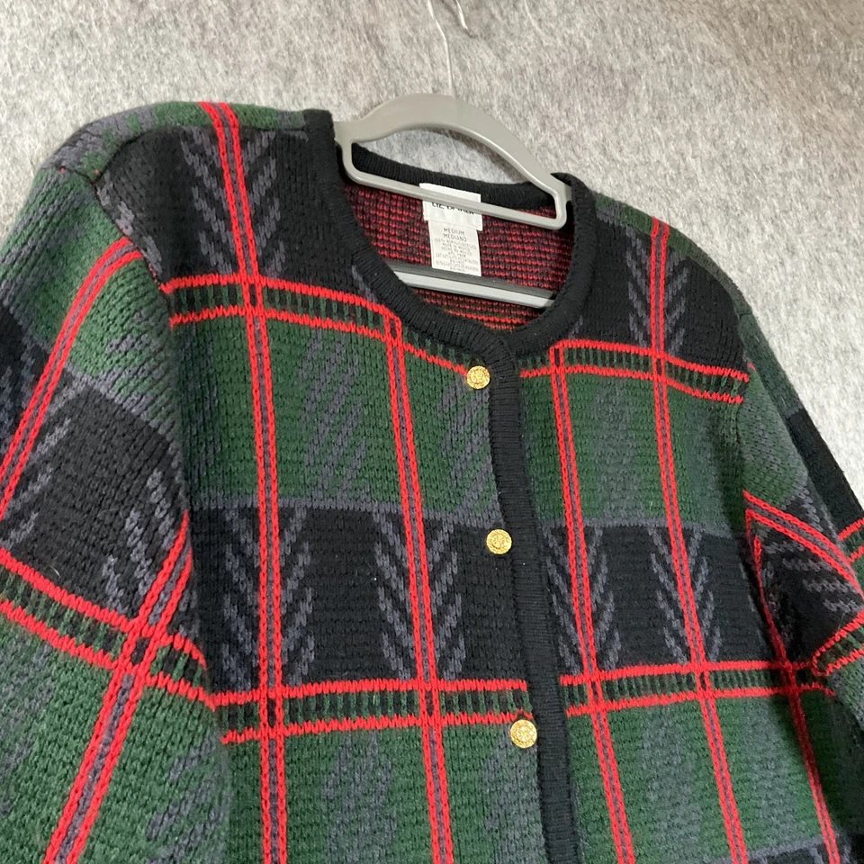 Suéter Vintage Mujer Mediano Negro Rojo Bolsillos a Cuadros Dorado Botón Cárdigan Retro Foto 4 de 4