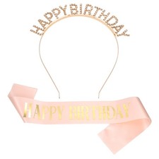 Birthday Crown and Sash Birthday Sash for Women Rhinestone Tiara Pink-Gold