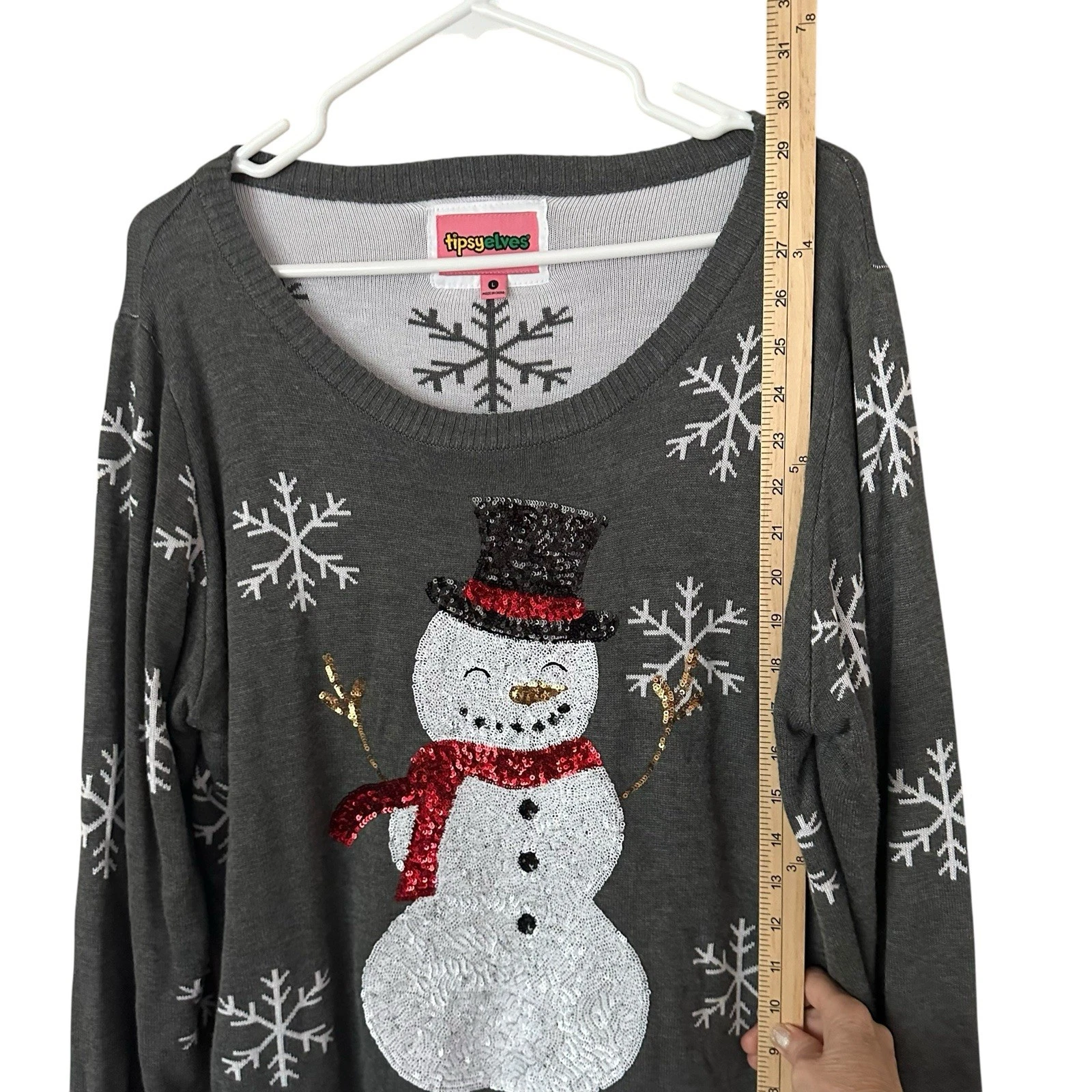Tipsy Elves Sequined Snowman Christmas Sweater Womens L Gray Snowflakes Pullover