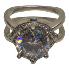 925 Silver CZ Ring CZ925CW Large Round Stone Blue Accents Size 5 7.25g Statement