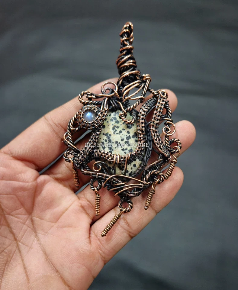 Colgante de jaspe dálmata piedras preciosas alambre de cobre envuelto colgante joyería para regalo Foto 4 de 4