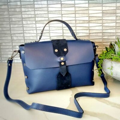 SALE Dark Blue Italian Leather Crossbody Satchel Flap Bag