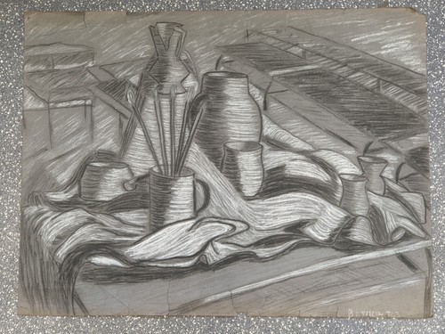 Vintage Original monochrome pastel abstract still life drawing by April B Lynch - Picture 2 of 15