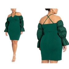 Eloquii Eden Off Shoulder LS Sexy Stretch Cotton Sheath Dress in Kelly Green 20