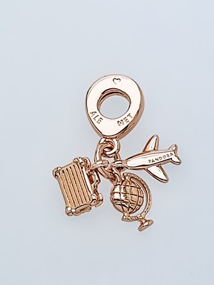 New Authentic Rose Gold PANDORA Airplane, Globe & Suitcase Pink