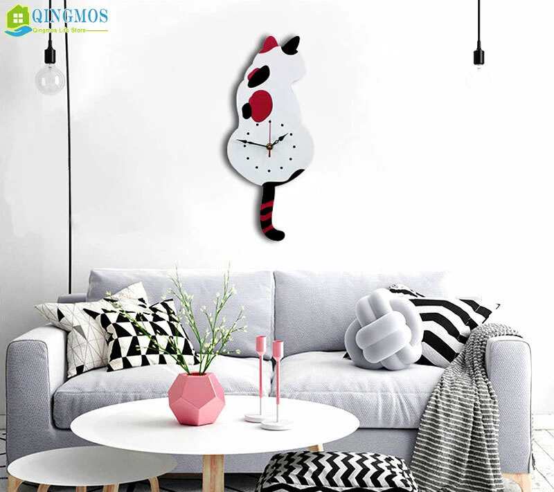 3D Swing Tail Cartoon Cat Wall Clock Acrylic Stickers Watch Decor Living Room - Image 3 of 4