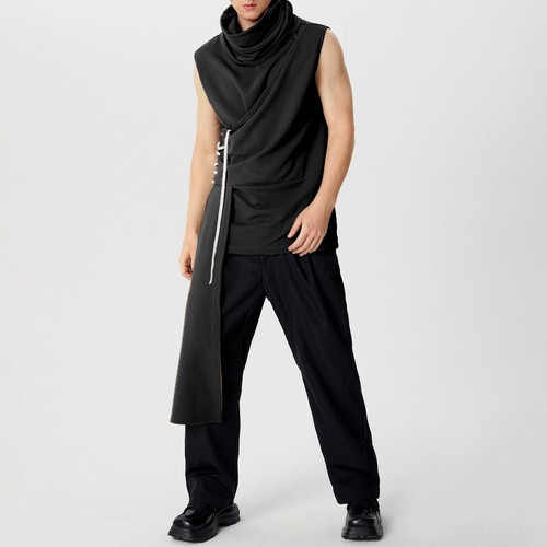 Fashion Mens High Neck Sleeveless Asymmetrical Solid Tops Casual Shirt Blouse - Picture 8 of 15