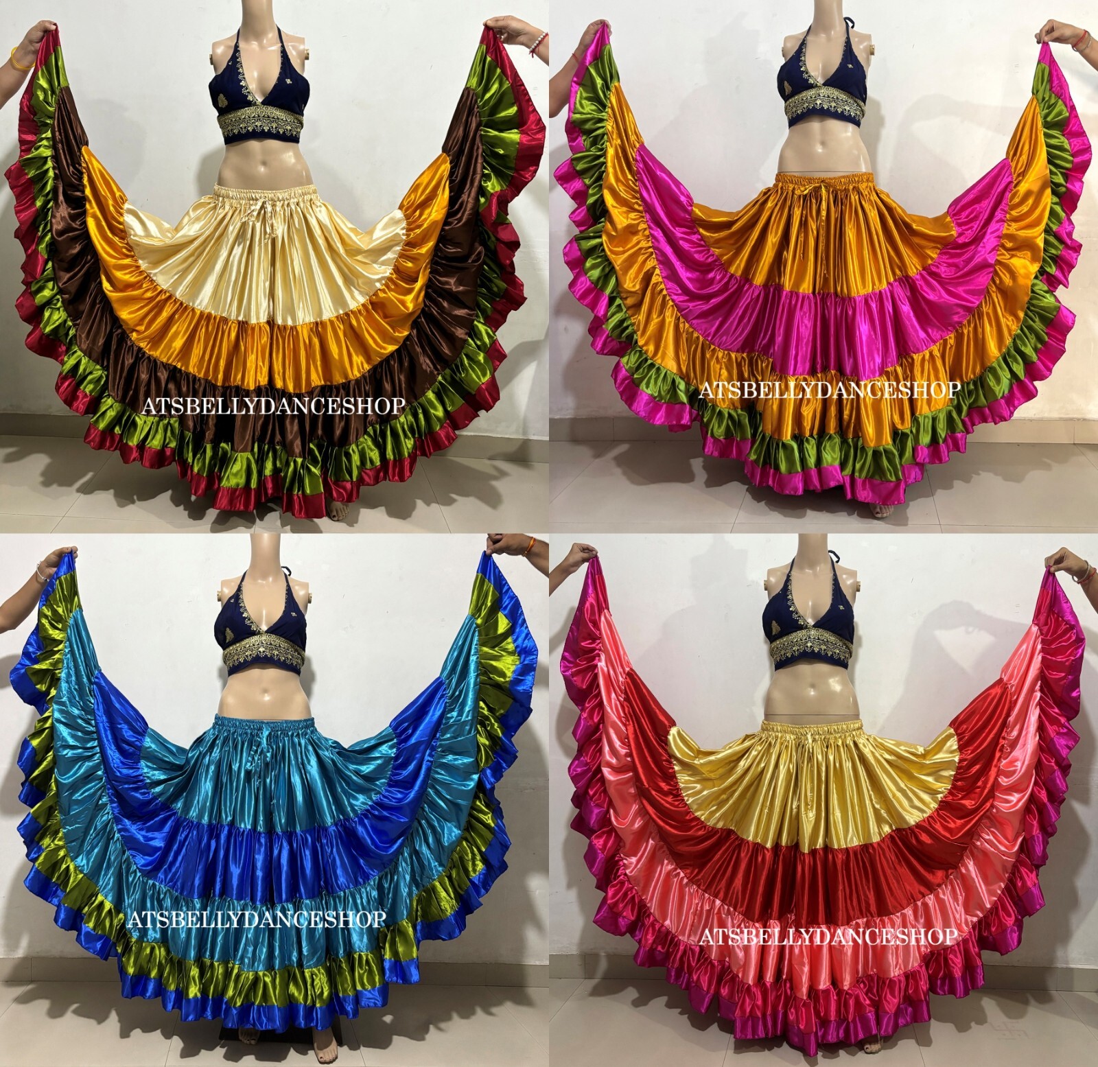 Falda de satén de 25 yardas falda gitana de 5 niveles falda tribal danza del vientre flamenca ATS