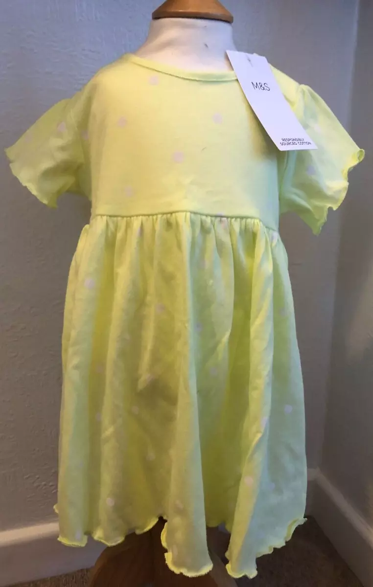 Baby Girls M S Spotted Cotton Jersey Dress Lime White Age 12 18 Months