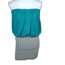 WINDSOR STRAPLESS DRESS W/ TURQUOISE TOP & BLACK & WHITE CHEVERON PRINT SZ.M EUC