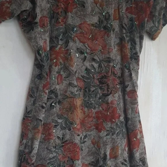 Vintage 90s Sequin Dress Size S Floral Short Sleeve Brown FRIENDS - Image 4 of 4