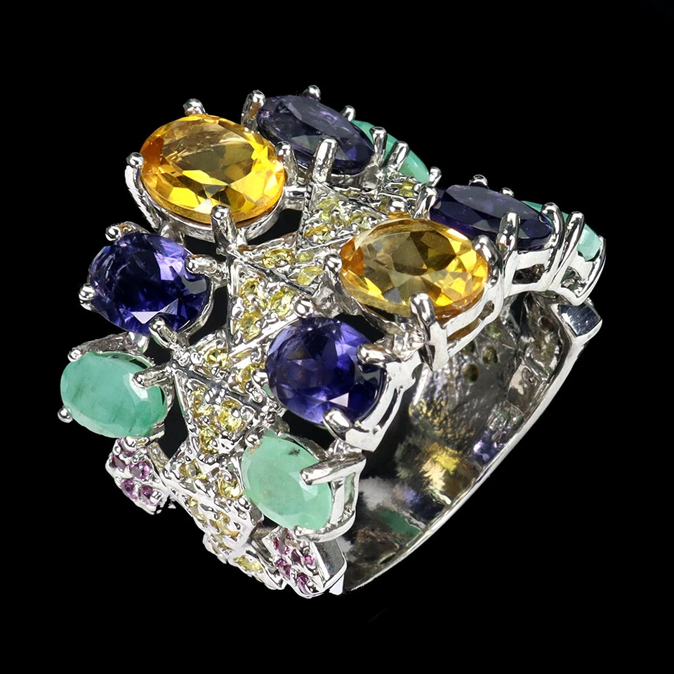 925 Anello Argento Sterling Ovale Citrino Smeraldo Iolite Granato Gemma Gioielli - Immagine 2 di 4