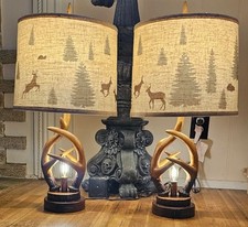 Set of 2 Table Lamps Rustic Country Cabin Deer Shade Antler Base Bedside Lights