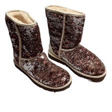 UGG AUSTRALIA WOMENS CLASSIC SHORT BOOTS SPARKLES SEQUIN BLING CHAMPAGNE SIZE 7