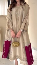 New Presenting Silk Cream Salwar Kameez With Dupatta For Indian Festival