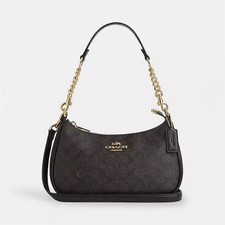 Coach Teri Shoulder Bag Brown Logo Pattern Gold Hardware Zip Closure Dust Bag